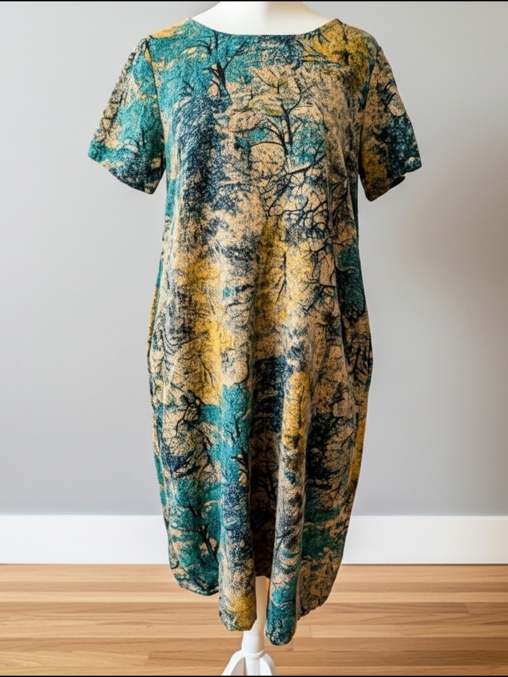 Abstract Print Teal and Mustard Short Sleeve Shift Dress